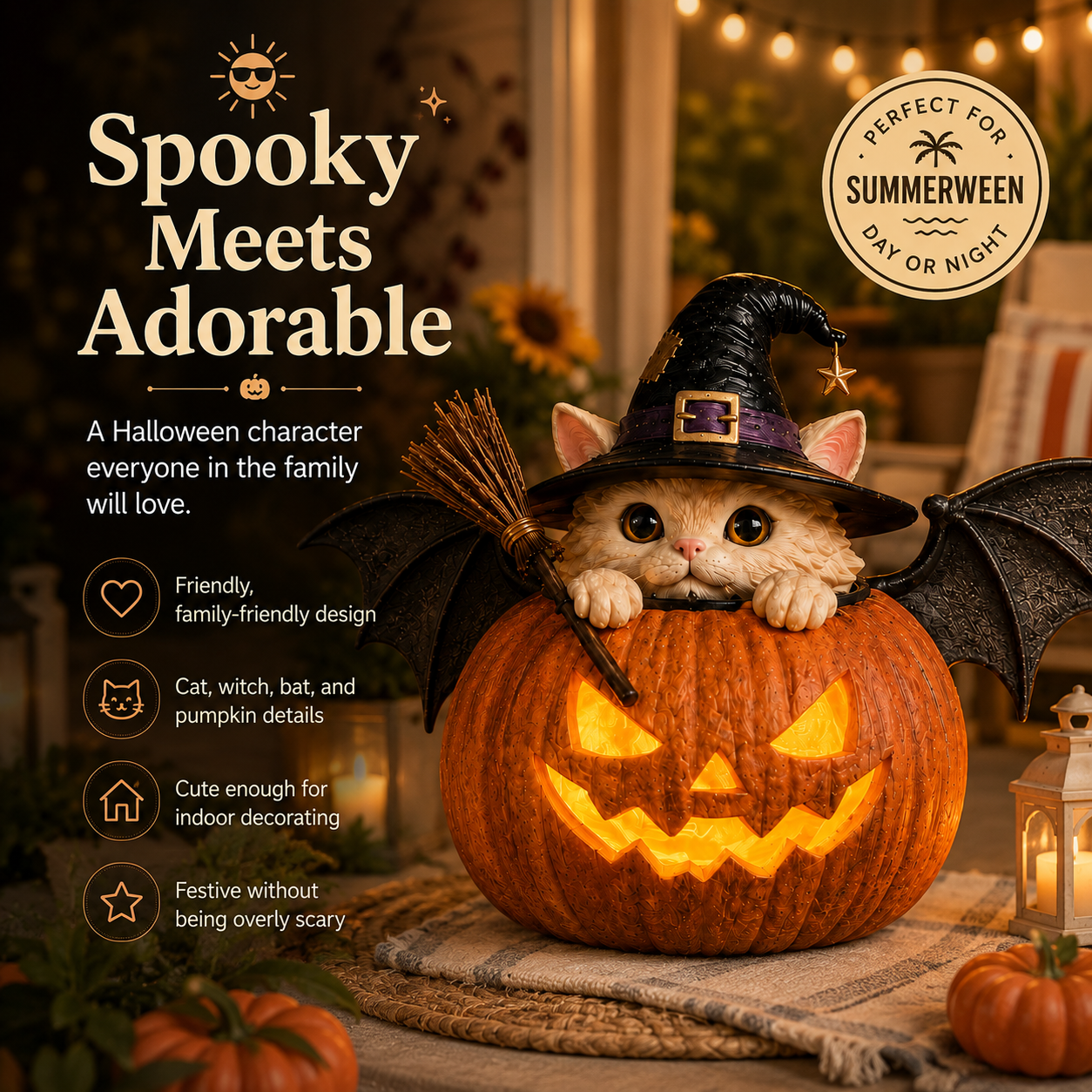 Summerween Witch Cat Pumpkin Decor