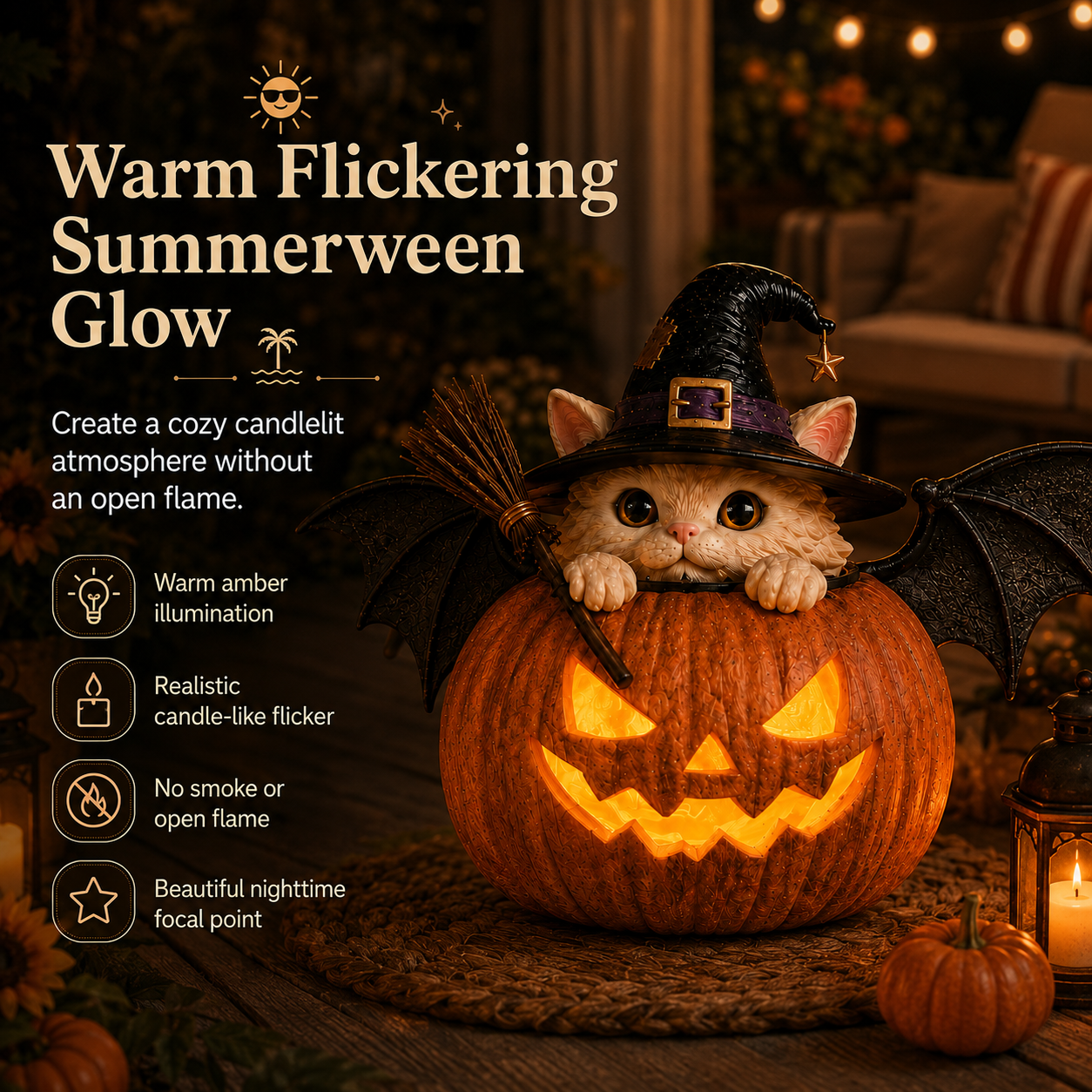 Warm Flickering Witch Cat Pumpkin Light