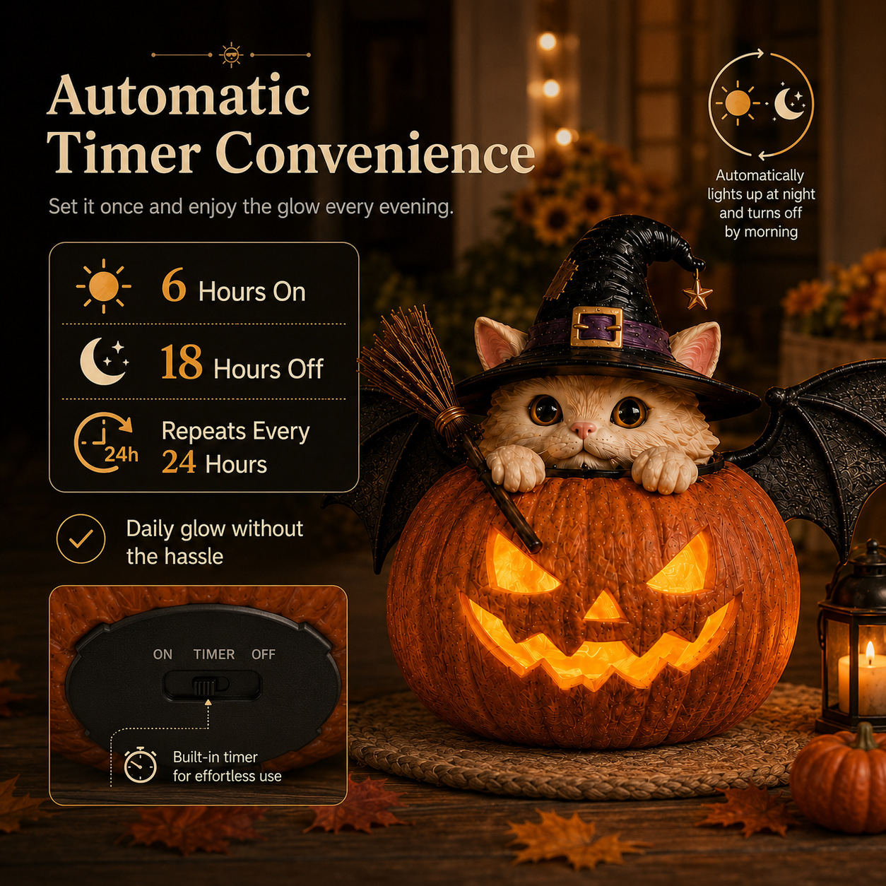 Automatic Timer Witch Cat Pumpkin Decor