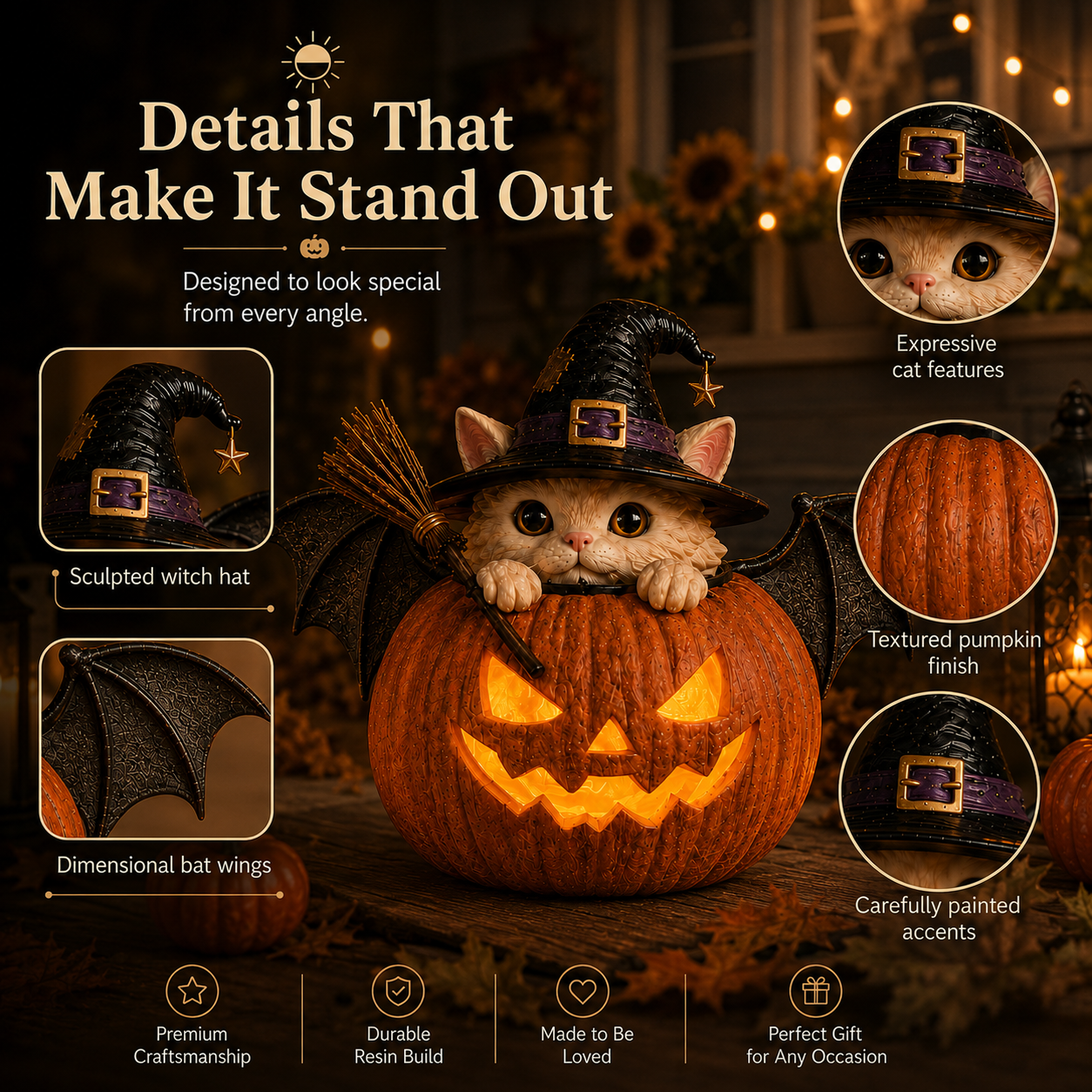 Witch Cat Pumpkin Decorative Details