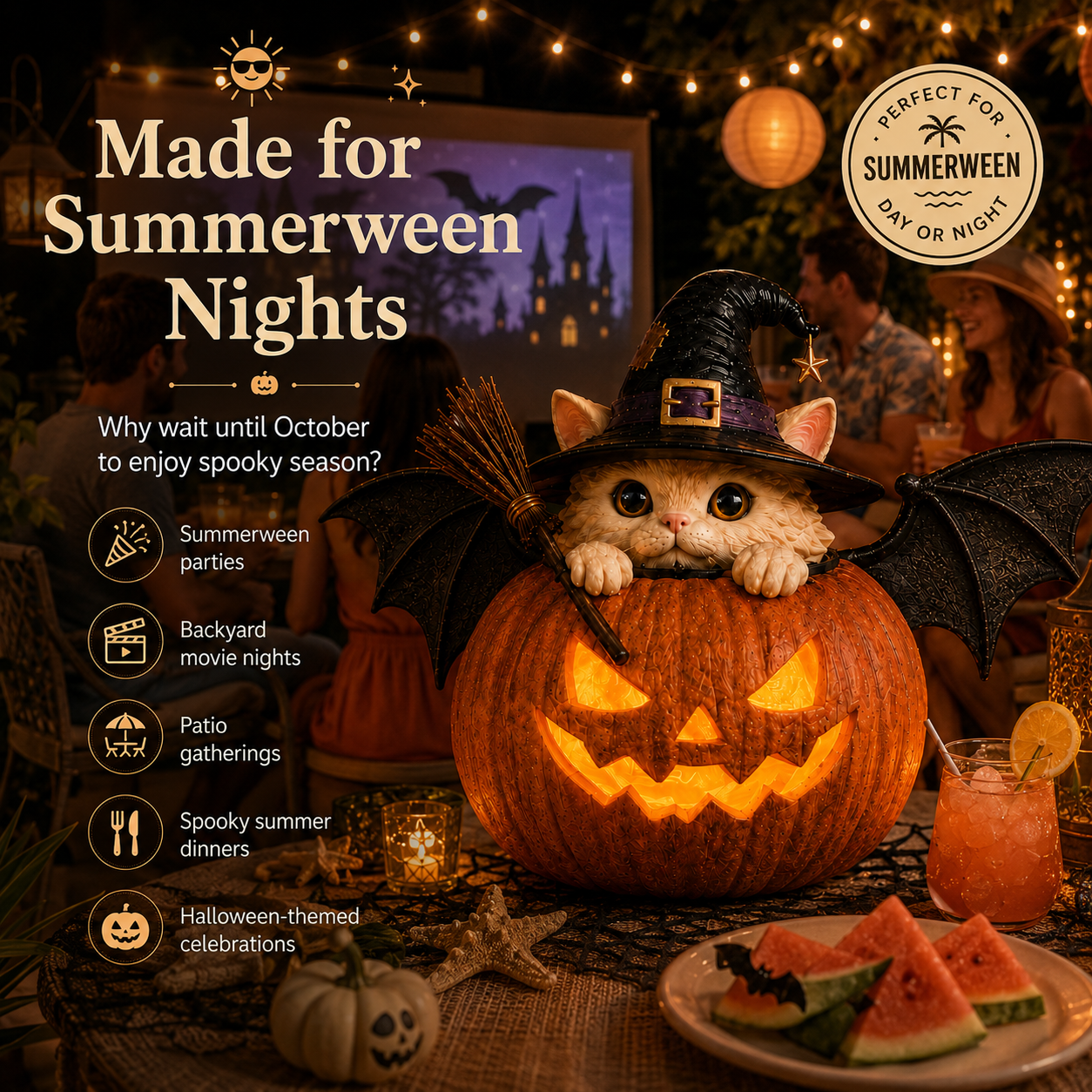 Summerween Witch Cat Pumpkin Party Decor