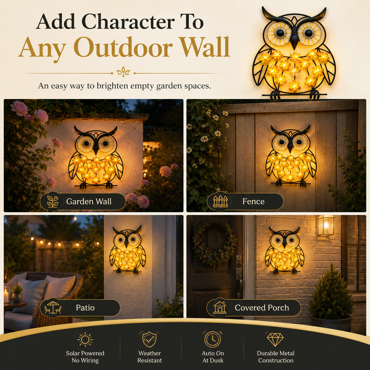 Solar Lighted Owl Metal Wall Decor